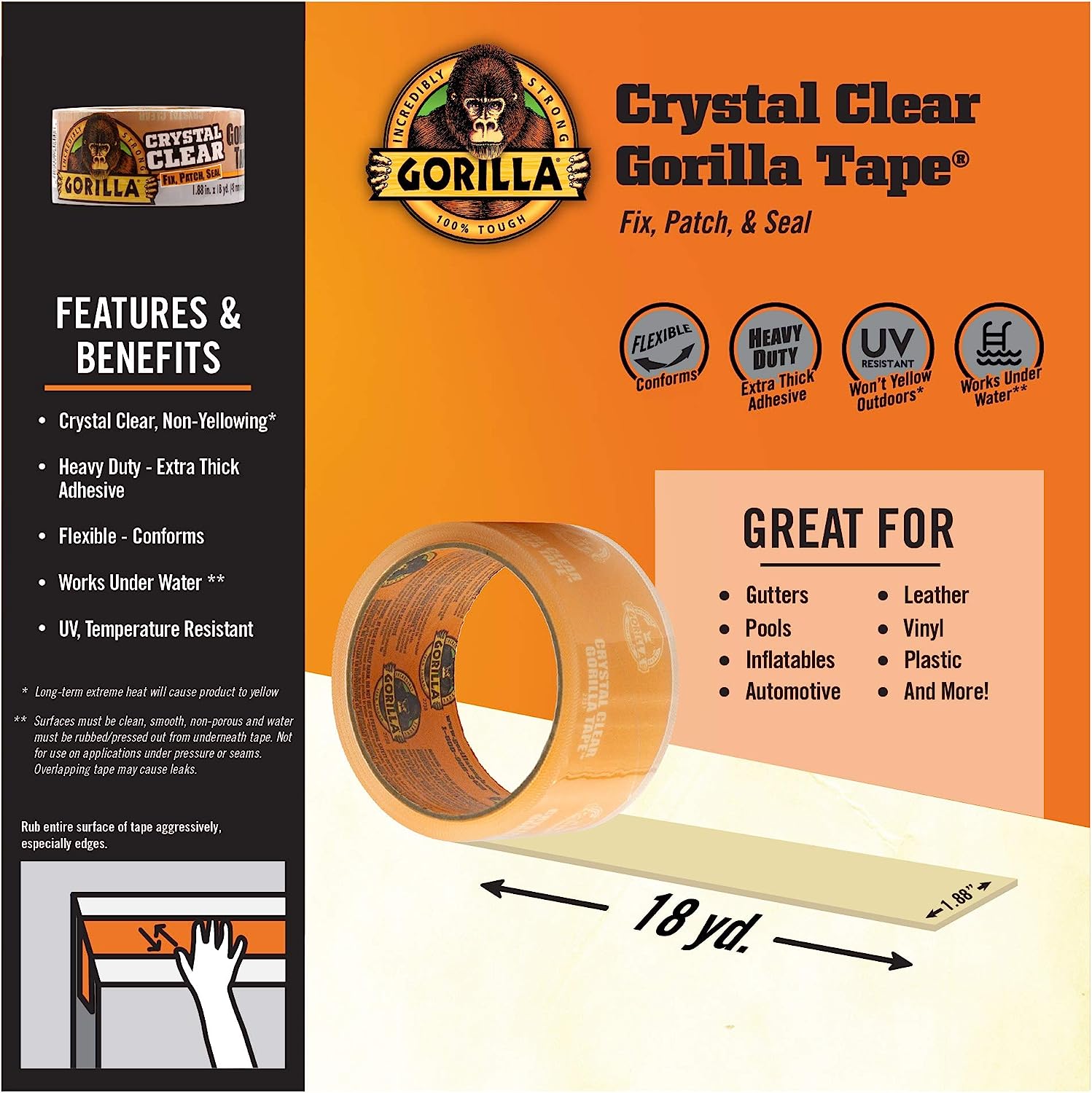 Gorilla Crystal Clear Repair Duct Tape, 1.88” x 18 yd, Clear, (Pack of 1) - Image 4